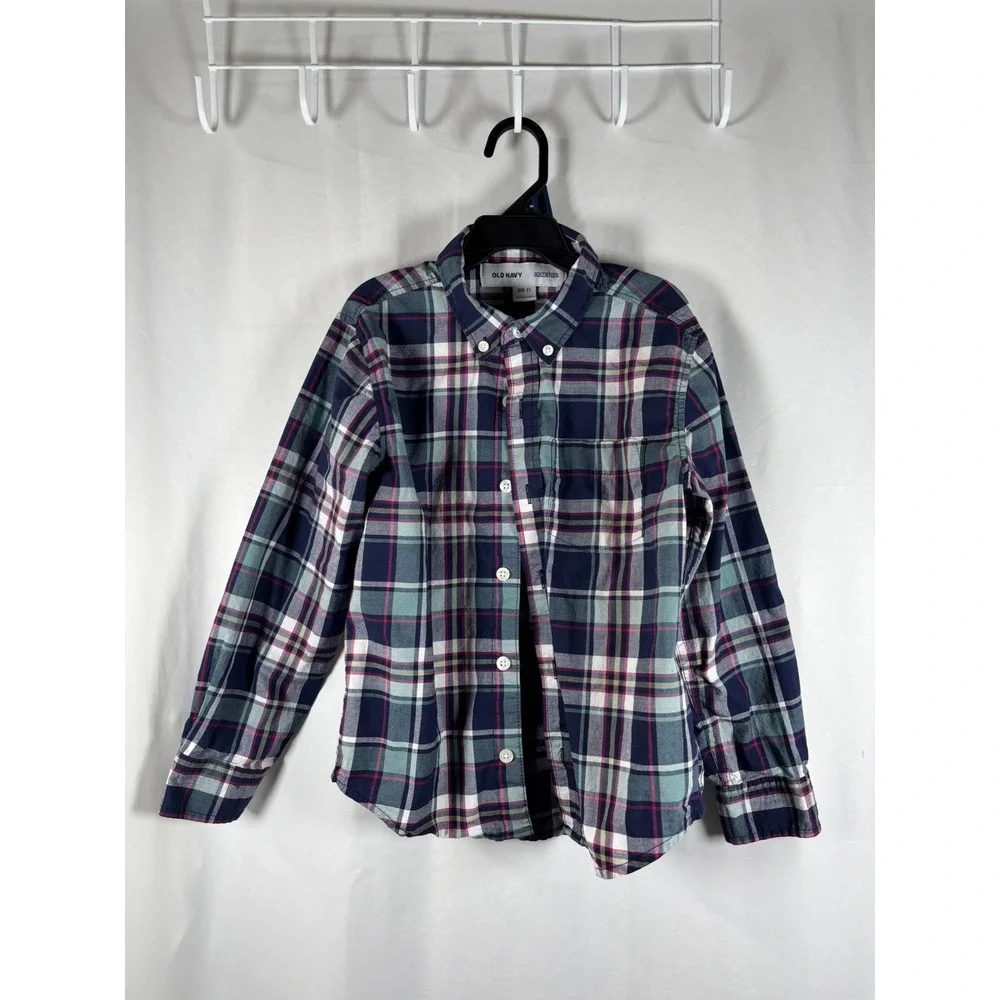 Old Navy Kids Boys Small 6-7 Plaid Button Down Shirt Navy Green Built-In‎ Flex